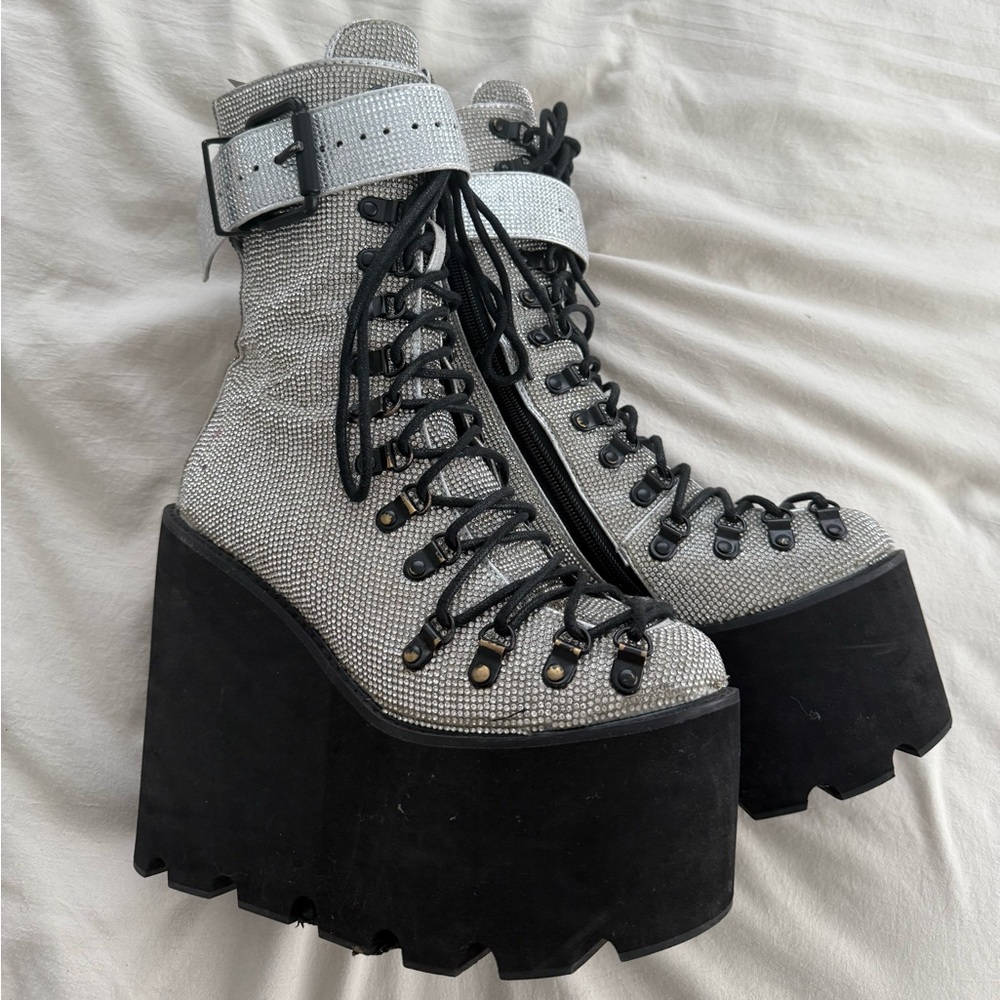 Platform Lace-Up Boots - Silver Size 7